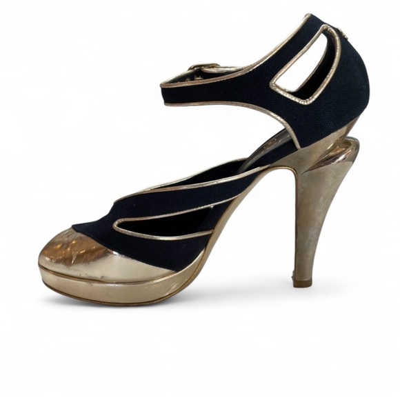 CHANEL Shoes - Chanel Gold Leather & Navy Peep-Toe Heels Size 7.5